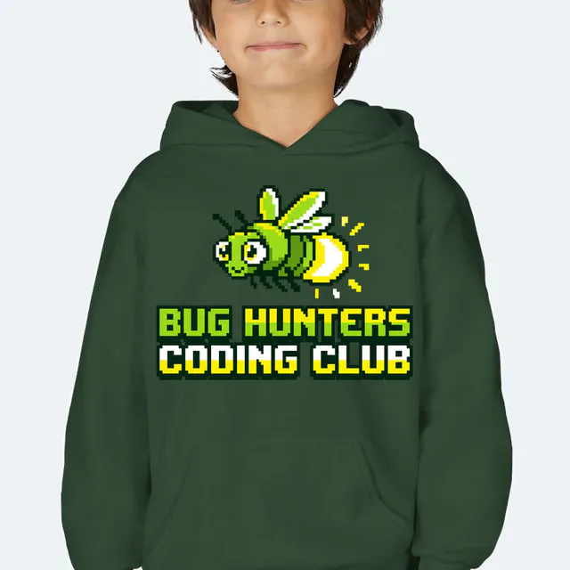 A pixel-art lightning bug for the Bug Hunters coding club, on a forest green youth hoodie