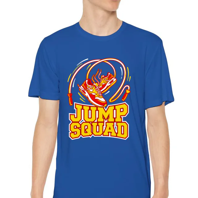 A jump rope looping around jumping sneakers, JUMP SQUAD, on a royal youth performance tee