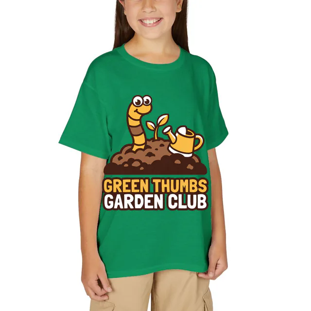 A worm and a seedling for the Green Thumbs garden club, on a kelly green youth t-shirt