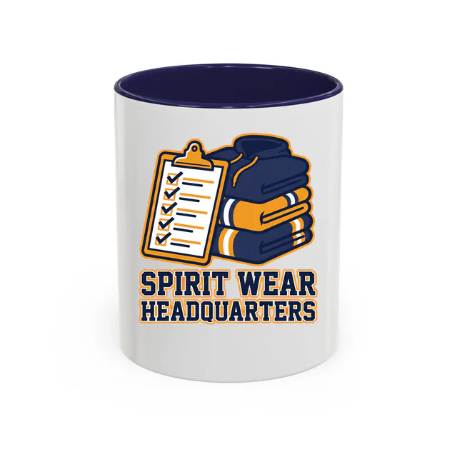 A clipboard of checkmarks for SPIRIT WEAR HEADQUARTERS, on a navy accent mug