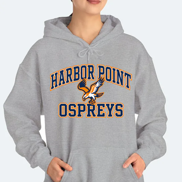 HARBOR POINT arched over a diving osprey, on a sport gray adult hoodie