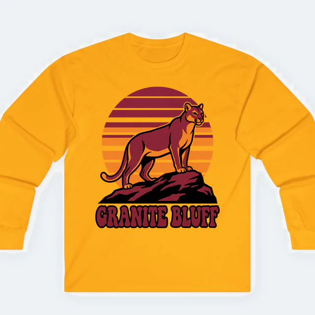 A mountain lion against retro sunset stripes, GRANITE BLUFF, on a gold adult long sleeve