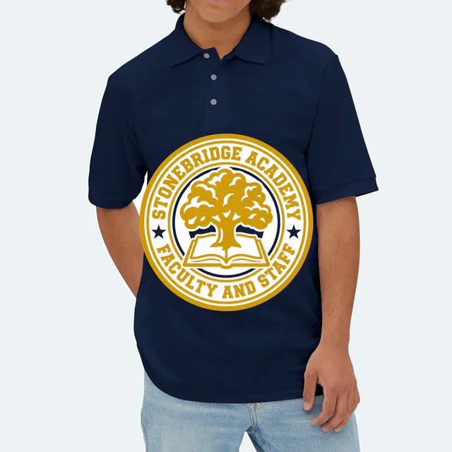 An oak tree and open book seal for Stonebridge Academy staff, on a navy adult polo