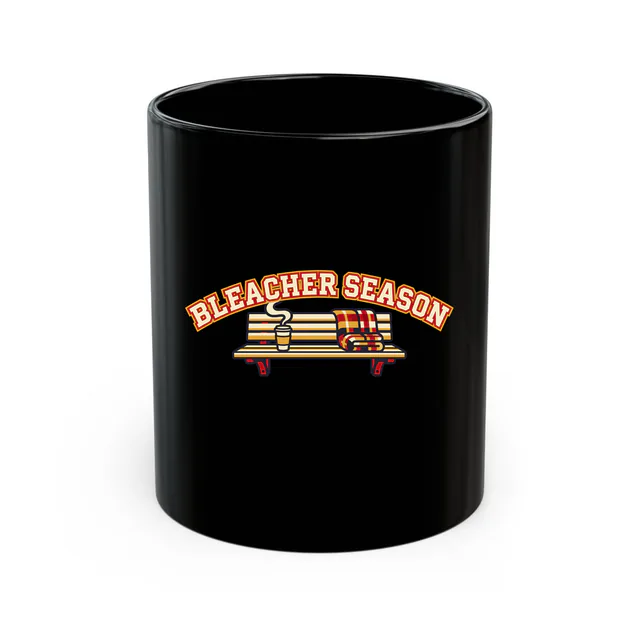 Coffee and a plaid blanket on the bleachers, BLEACHER SEASON, on a black mug