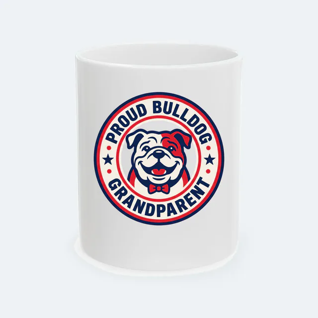 PROUD BULLDOG GRANDPARENT, with a bow-tied bulldog, on a white ceramic mug