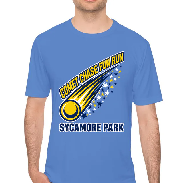 A streaking comet for the Sycamore Park Comet Chase fun run, on a carolina blue performance tee