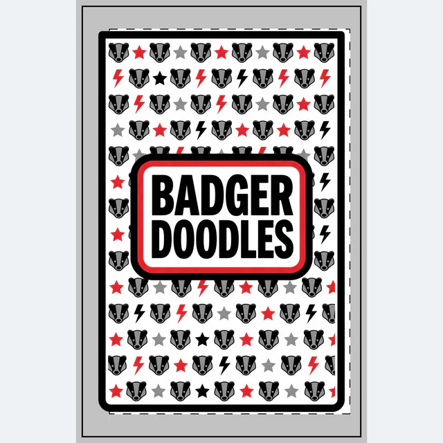 Rows of tiny badger faces around a BADGER DOODLES label, on a white dotted notebook