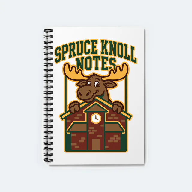 A moose peeking over the schoolhouse roof, SPRUCE KNOLL NOTES, on a white spiral notebook