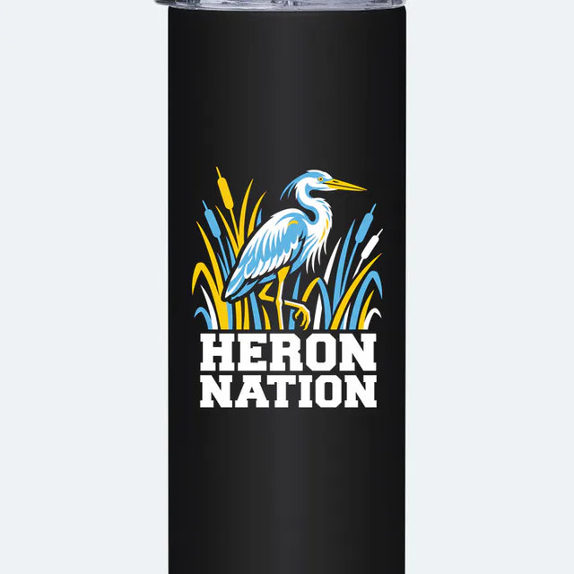 A heron standing in the reeds above HERON NATION, on a black steel tumbler