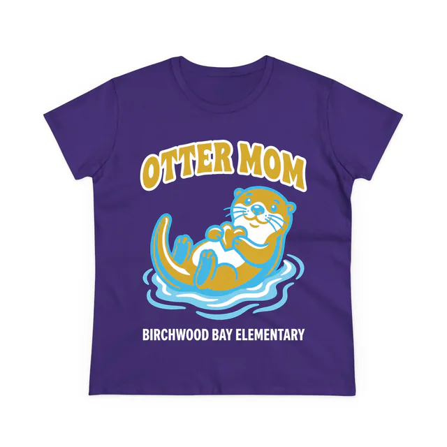 A floating otter hugging a heart, OTTER MOM, on a purple women's t-shirt