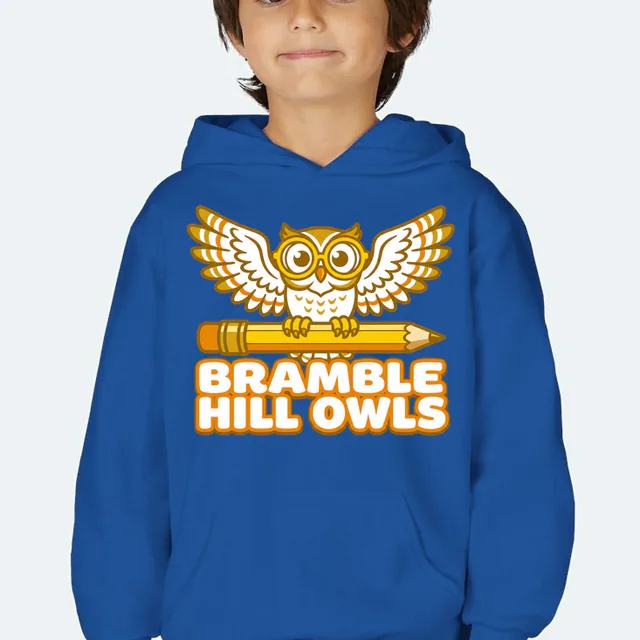 An owl in big glasses on a giant pencil, BRAMBLE HILL OWLS, on a royal youth hoodie