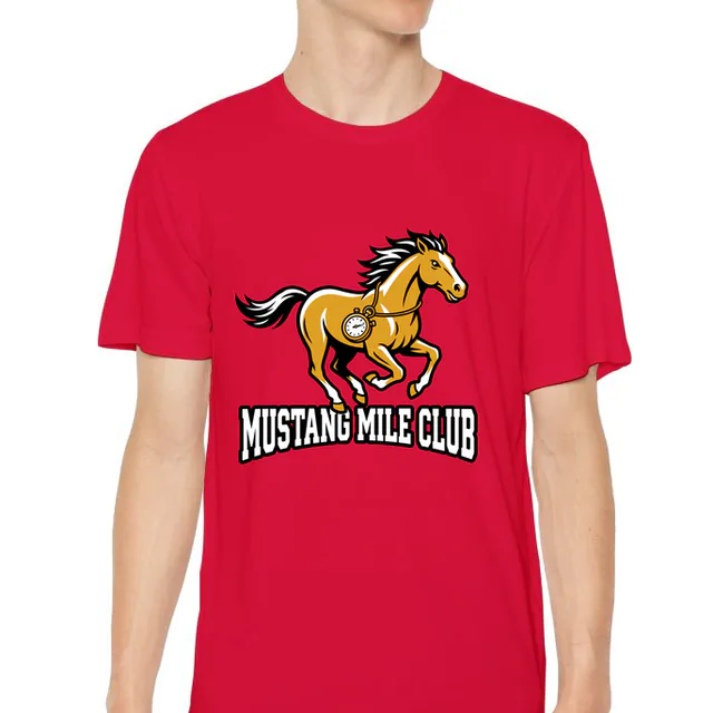 A galloping mustang with a stopwatch for the Mustang Mile Club, on a red youth performance tee