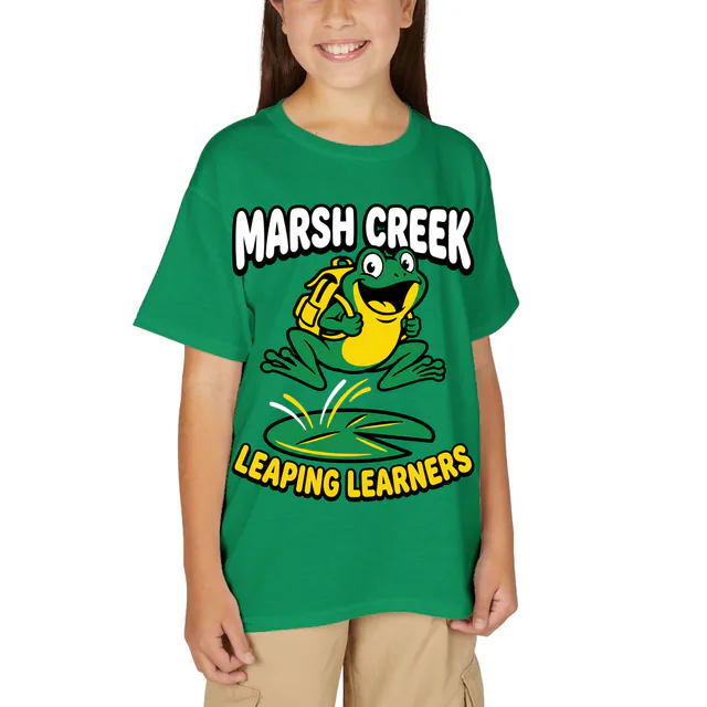 A frog with a backpack leaping off a lily pad, LEAPING LEARNERS, on a kelly green youth t-shirt