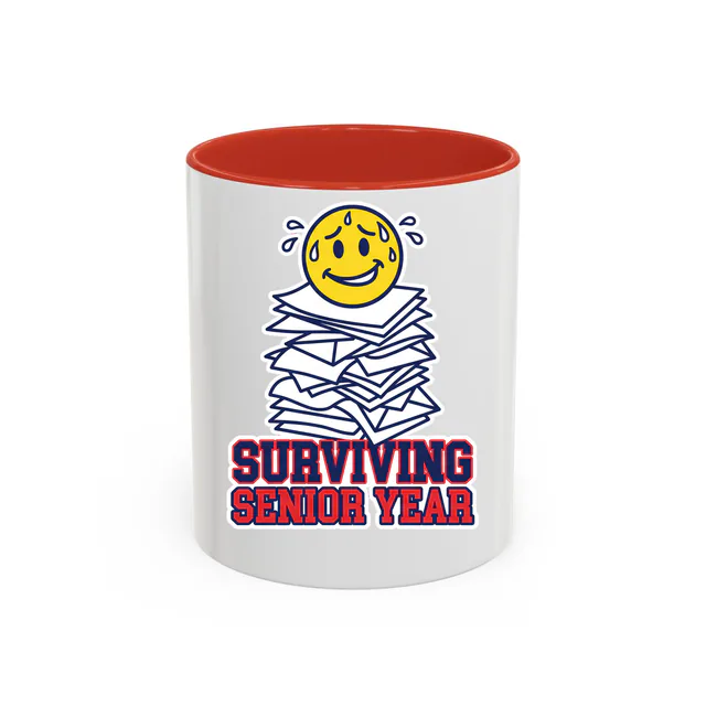 A teetering stack of forms, SURVIVING SENIOR YEAR, on a red accent mug