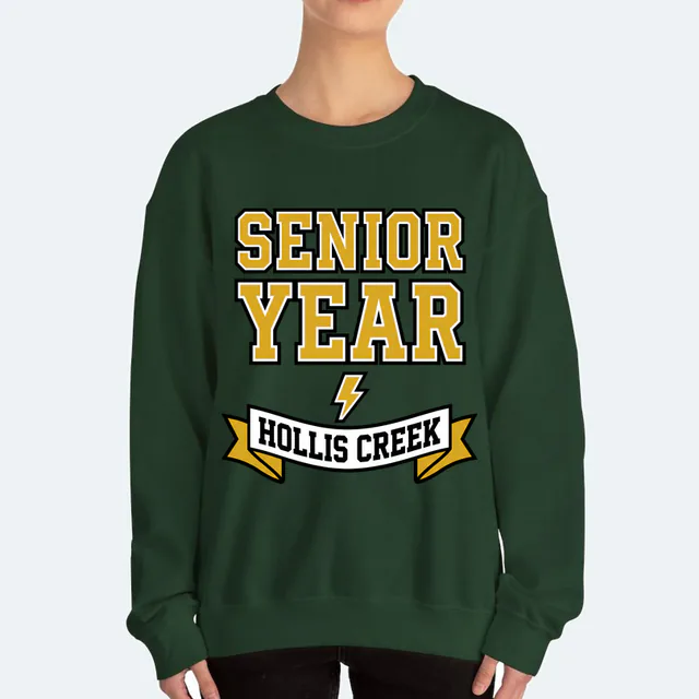 Felt-patch varsity letters, SENIOR YEAR at Hollis Creek, on a forest green adult crewneck