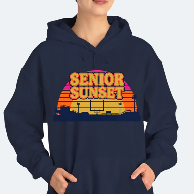 Goalposts and bleachers against the sky, SENIOR SUNSET, on a navy adult hoodie