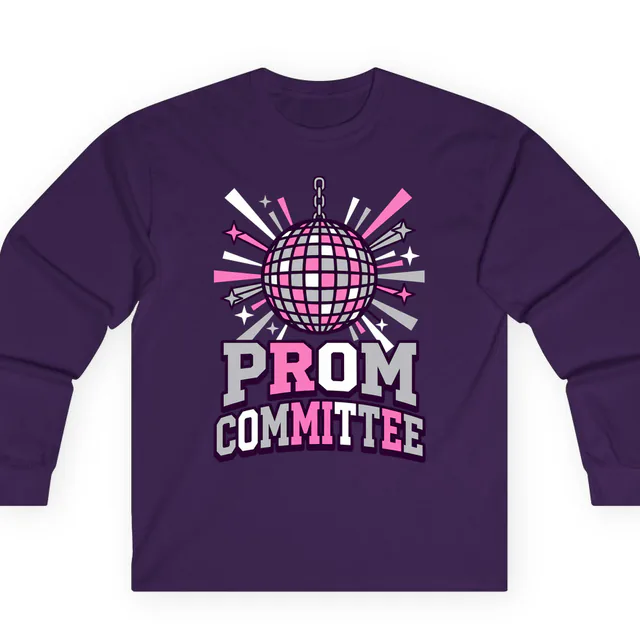 A disco ball throwing light beams, PROM COMMITTEE, on a purple adult long sleeve