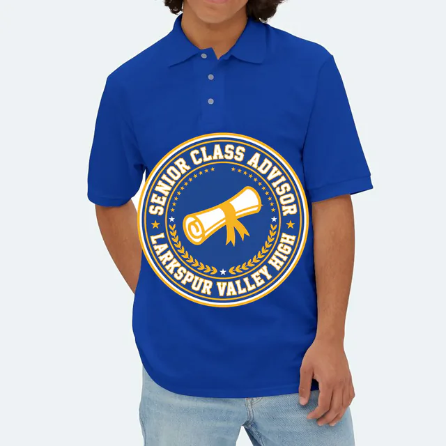 A rolled diploma crest for the senior class advisor, on a royal adult polo
