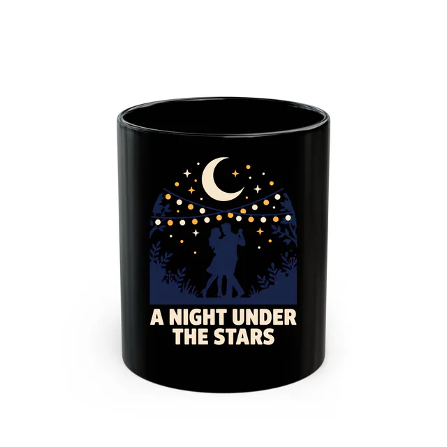 A couple slow dancing under the moon, A NIGHT UNDER THE STARS, on a black mug