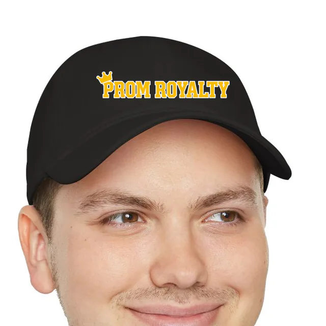 A small crown beside PROM ROYALTY, on a black dad hat