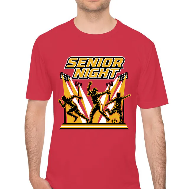 Three athletes under the stadium lights for SENIOR NIGHT, on a red performance tee