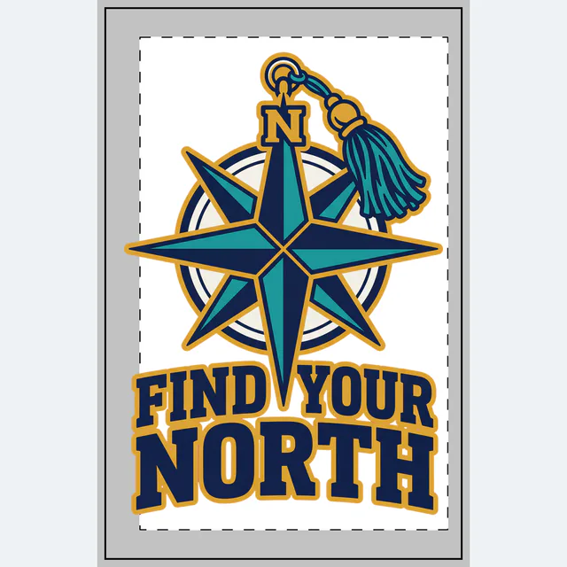 A compass rose with a tassel, FIND YOUR NORTH, on a white dotted notebook
