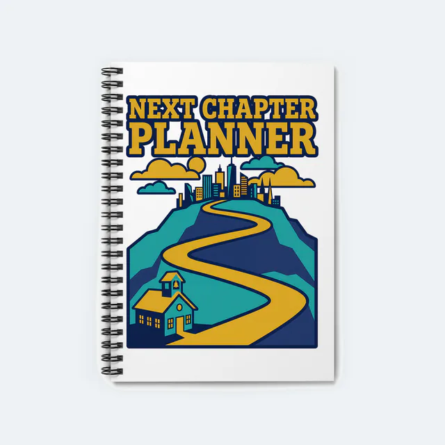 A road from the schoolhouse to the city, NEXT CHAPTER PLANNER, on a white spiral notebook