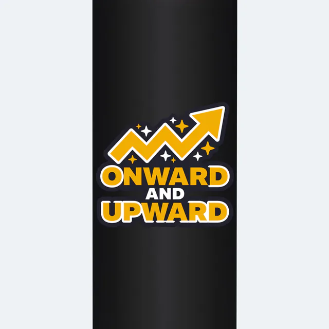 A sparkling arrow zigzagging up, ONWARD AND UPWARD, on a black steel tumbler