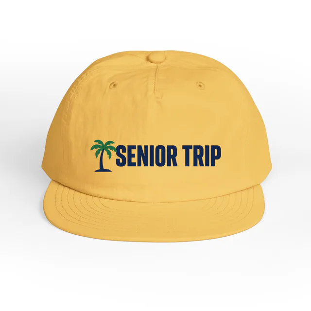 A palm tree beside SENIOR TRIP, on a sunset surf cap