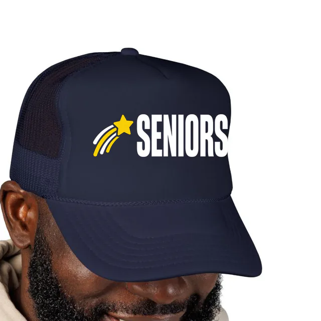 A shooting star beside SENIORS, on a navy foam trucker hat
