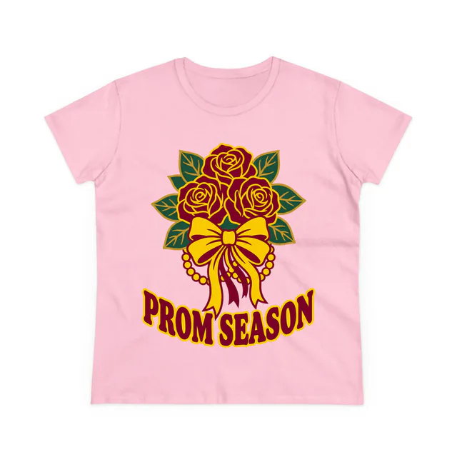 A rose wrist corsage with trailing ribbons, PROM SEASON, on a light pink women's t-shirt