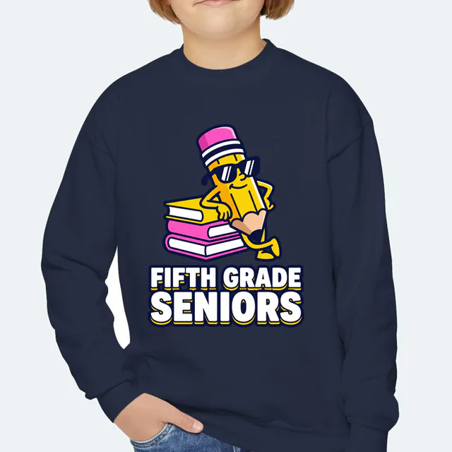 A pencil in sunglasses on a book stack, FIFTH GRADE SENIORS, on a navy youth crewneck