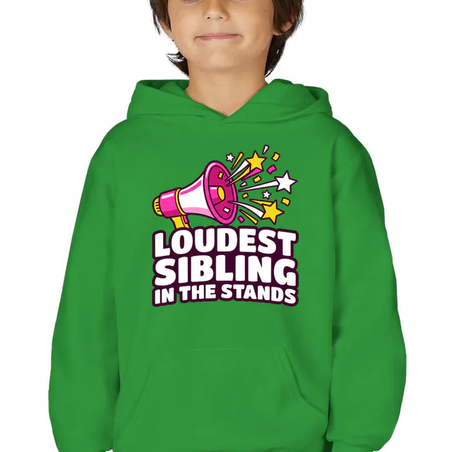 A megaphone blasting confetti, LOUDEST SIBLING IN THE STANDS, on a kelly green youth hoodie