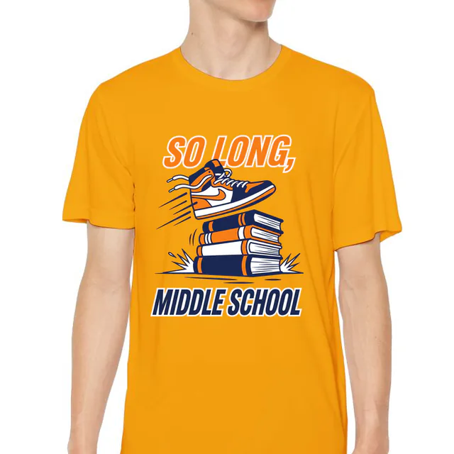 A sneaker hurdling a stack of textbooks, SO LONG, MIDDLE SCHOOL, on a gold youth performance tee