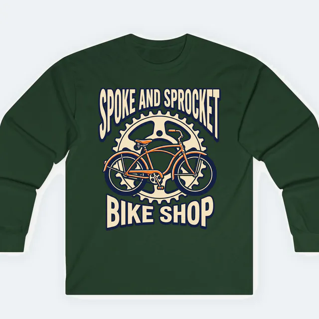 A vintage bicycle before a big gear, SPOKE AND SPROCKET, on a navy adult long sleeve