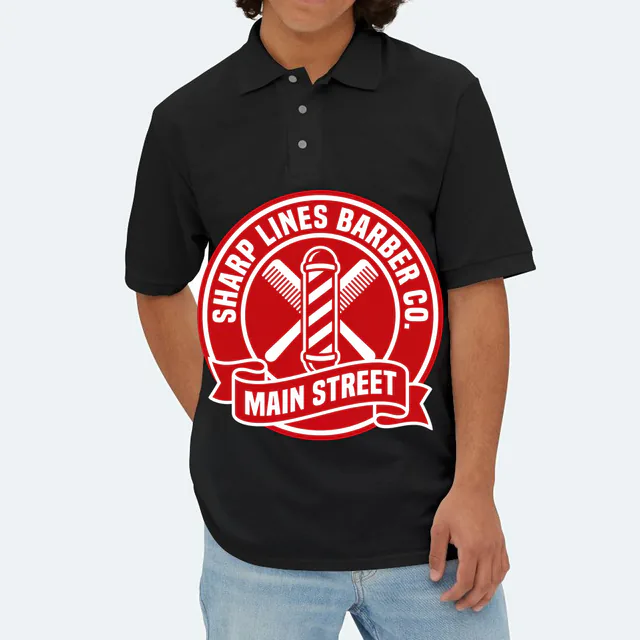 A barber pole and crossed combs for Sharp Lines barbers, on a black adult polo