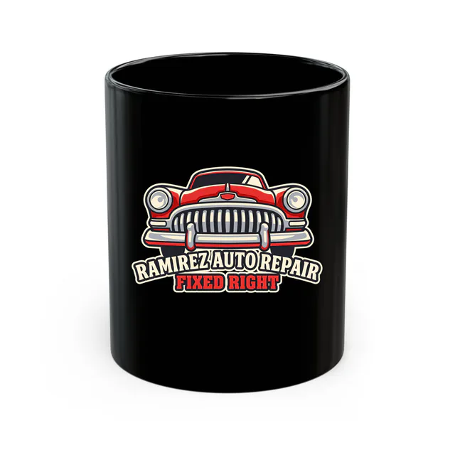 A classic car grille, RAMIREZ AUTO REPAIR, on a black mug