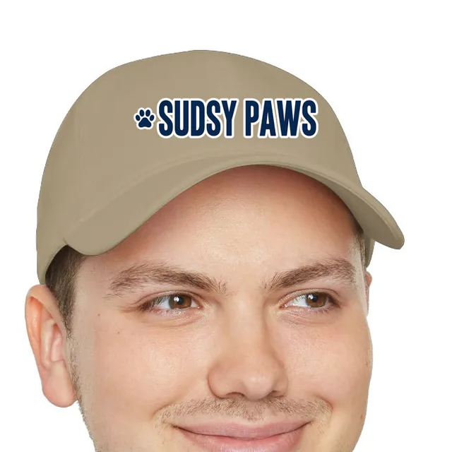 A paw print beside SUDSY PAWS, on a khaki dad hat