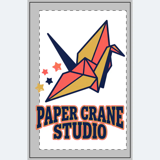 A paper crane in flight, PAPER CRANE STUDIO, on a white dotted notebook