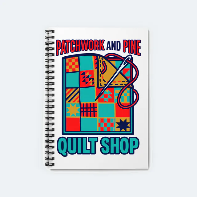 A patchwork quilt with needle and thread, PATCHWORK AND PINE, on a white spiral notebook