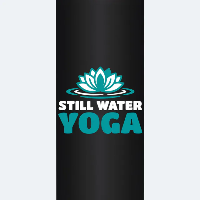 A lotus on calm ripples, STILL WATER YOGA, on a black steel tumbler