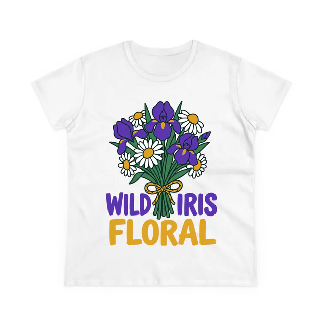 Irises and daisies tied with twine, WILD IRIS FLORAL, on a white women's t-shirt