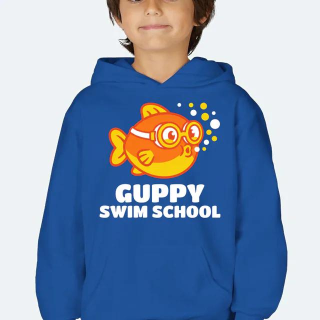 A fish in swim goggles, GUPPY SWIM SCHOOL, on a royal youth hoodie