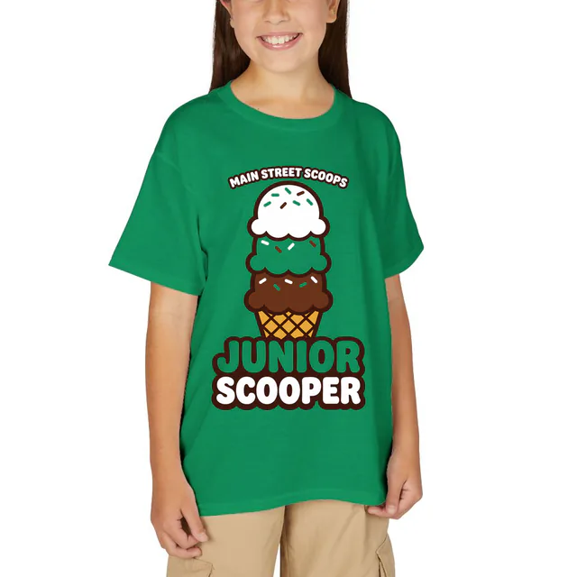 A three-scoop cone with sprinkles, JUNIOR SCOOPER, on a kelly green youth t-shirt