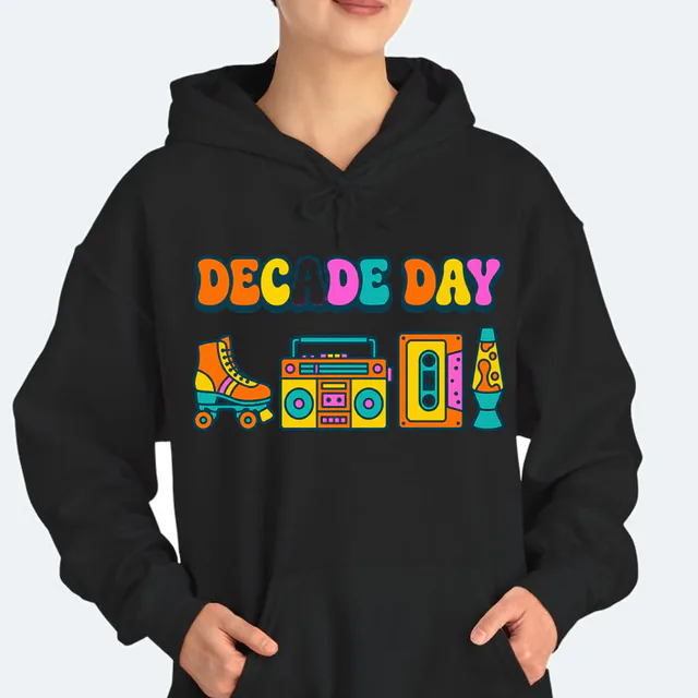 A roller skate, boombox and cassette in a row, DECADE DAY, on a black adult hoodie