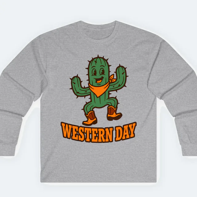 A dancing cactus in a bandana and boots, WESTERN DAY, on a sport gray adult long sleeve