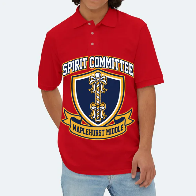 A spirit stick shield for the Maplehurst spirit committee, on a red adult polo