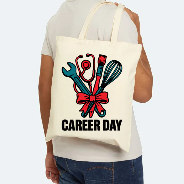 A bouquet of tools from every job, CAREER DAY, on a natural canvas tote