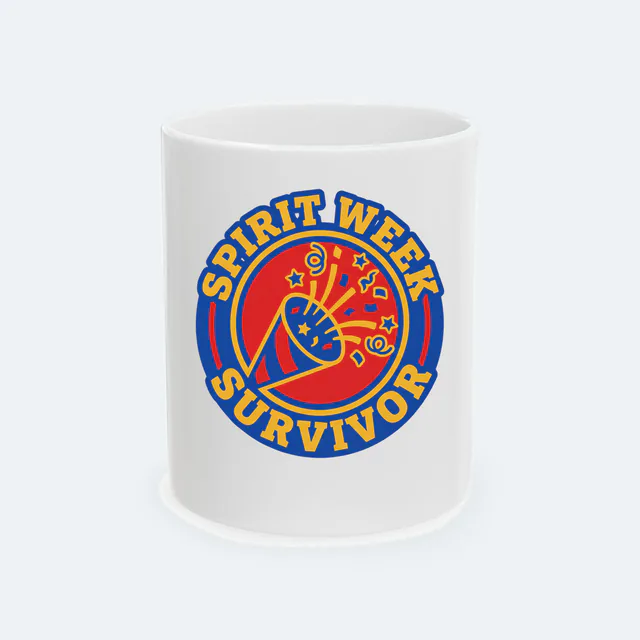 A party horn and confetti badge, SPIRIT WEEK SURVIVOR, on a white ceramic mug