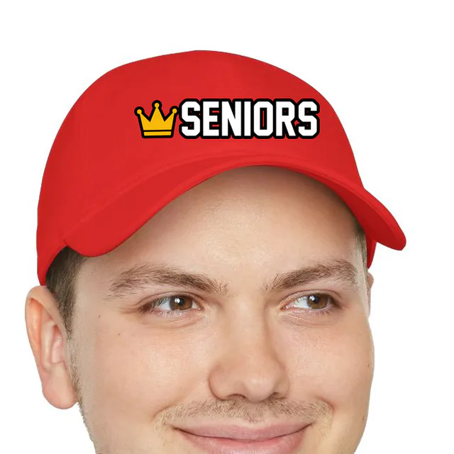 A small crown beside SENIORS, on a red dad hat